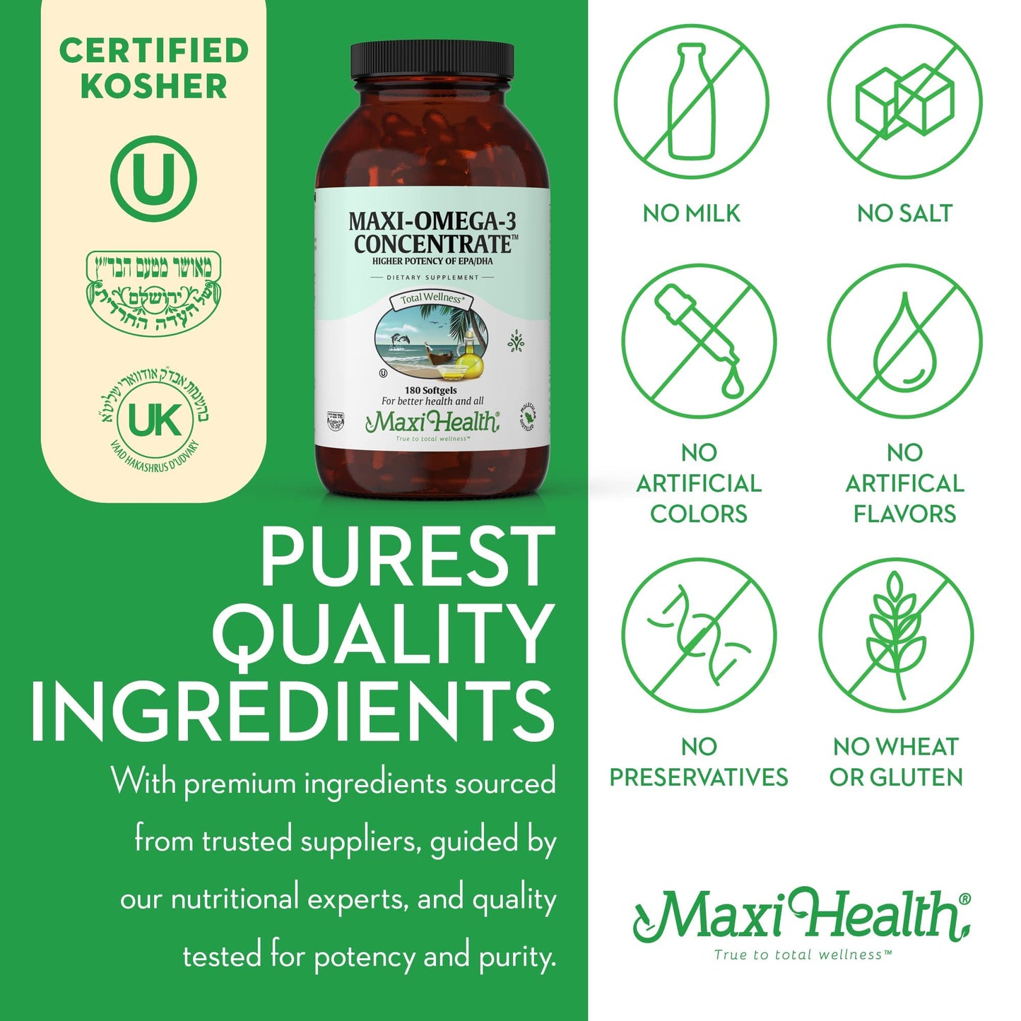 Maxi Health Omega-3 Triple Strength Fish Oil 2000 mg – EPA 680 mg / DHA 460 mg • Kosher 180 Softgels