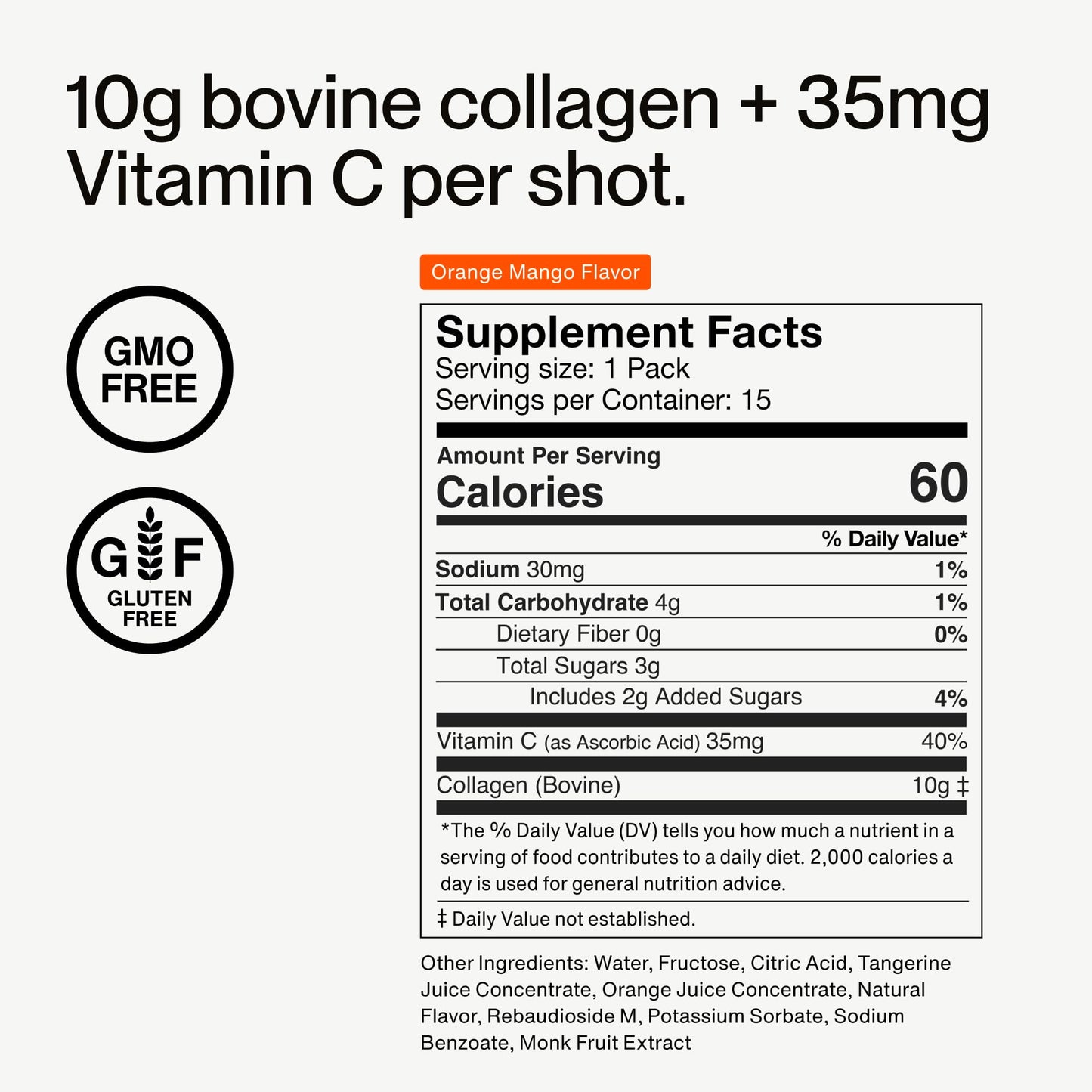 Momentous Collagen Shot - Hydrolyzed Collagen + Vitamin C, NSF Certified for Sport, Orange Mango, 15 Servings