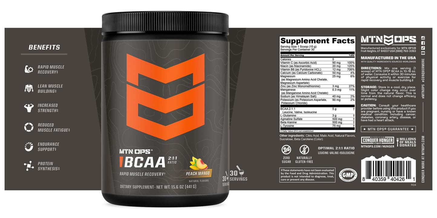 MTN OPS BCAA 2:1:1 Powder - Peach Mango, 30 Servings | Zero Sugar & Gluten Free