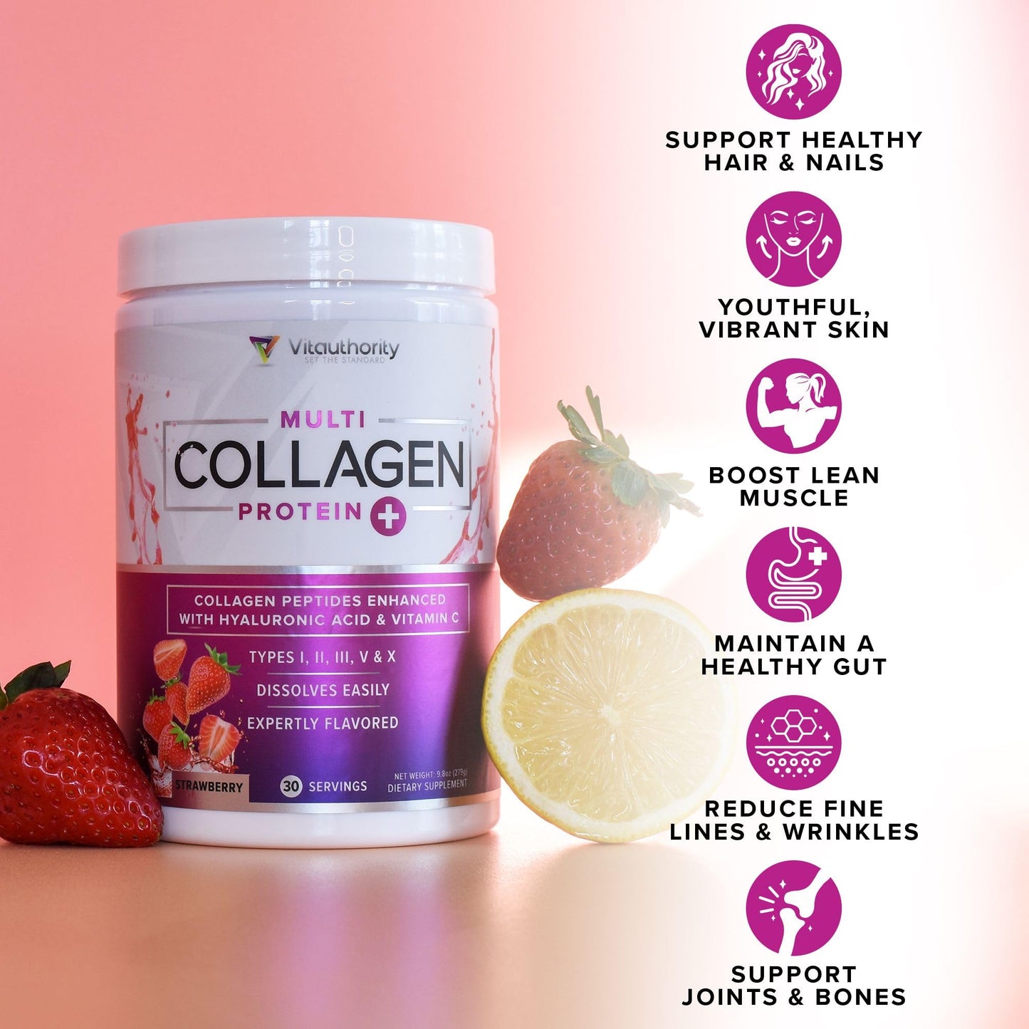 Multi Collagen Peptides Powder for Women – Hydrolyzed Collagen with Vitamin C & Hyaluronic Acid (Tropical Punch, 30 Servings)