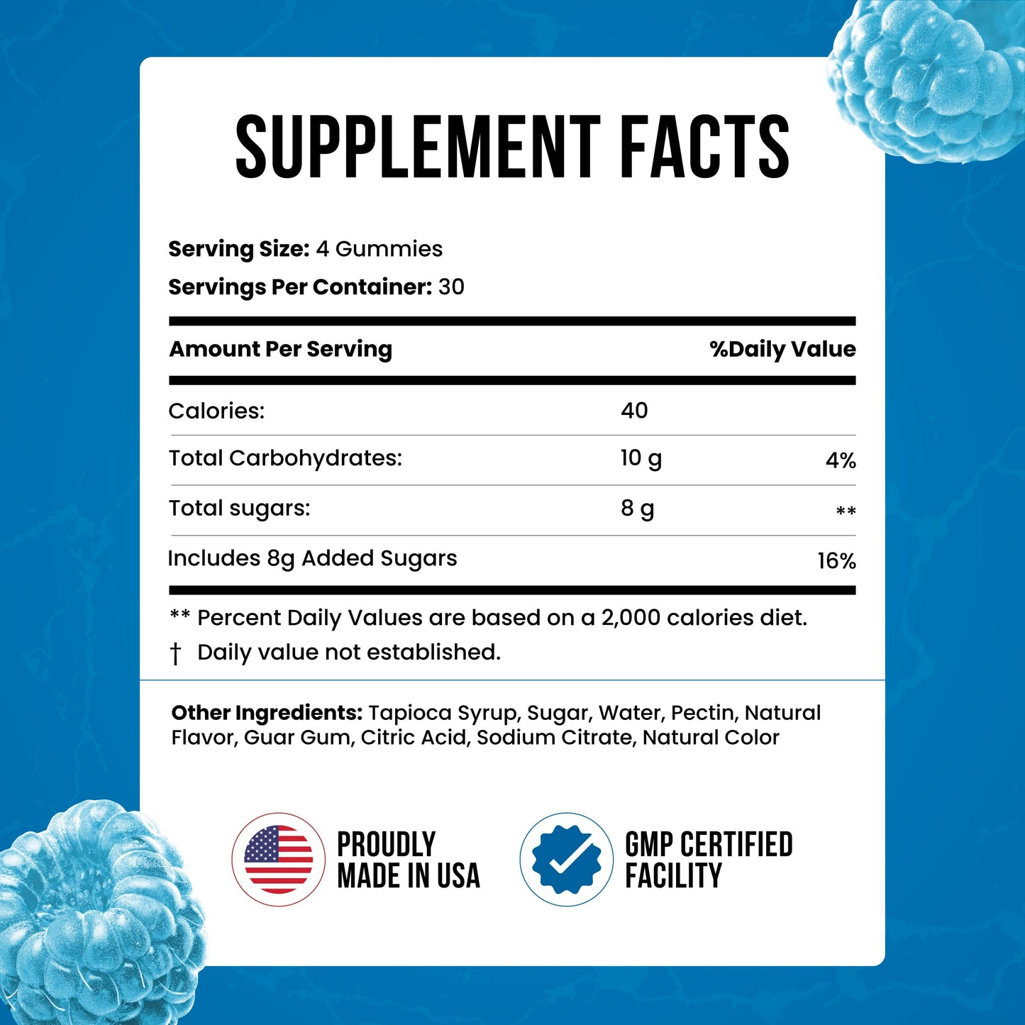 Creatine Monohydrate Gummies 5g Dose – Made in USA, Vegan, Gluten Free | Bluerazz Blast 120 Gummies