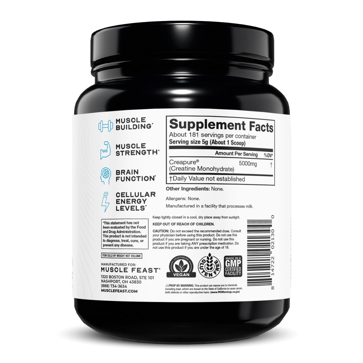 Muscle Feast Creapure Creatine Monohydrate Powder – Unflavored, Vegan & Keto-Friendly, 2lb