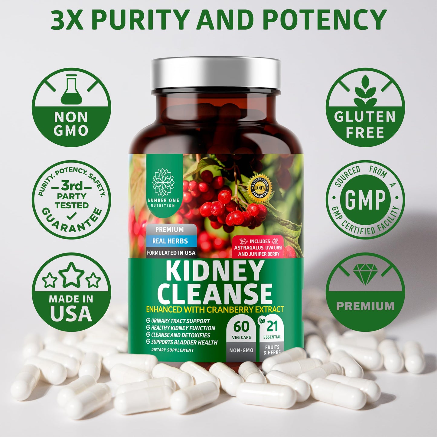 N1N Kidney Cleanse – 21 Herbs with Cranberry & Uva Ursi | 60 Veg Caps