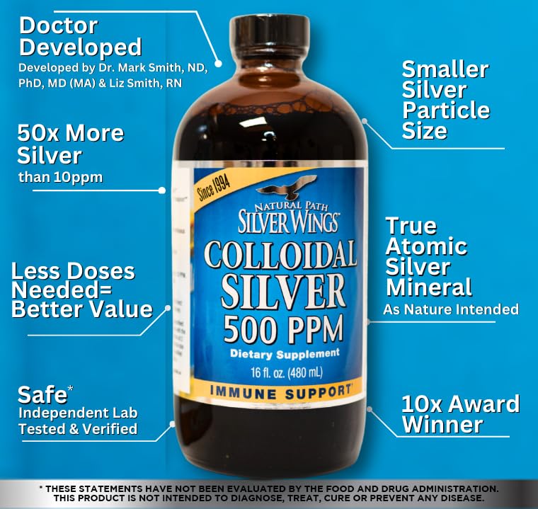 Natural Path Silver Wings Colloidal Silver 500ppm (2,500mcg) Immune Support Supplement 16 oz