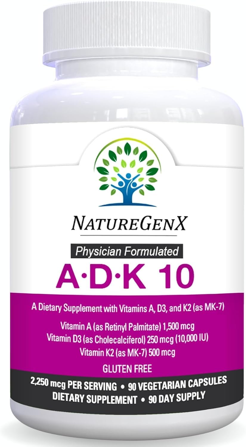 NatureGenX ADK10 – High Potency Vitamin ADK (D3 10,000 IU, K2 MK-7) | Bone, Immune & Heart Support | 90 Capsules