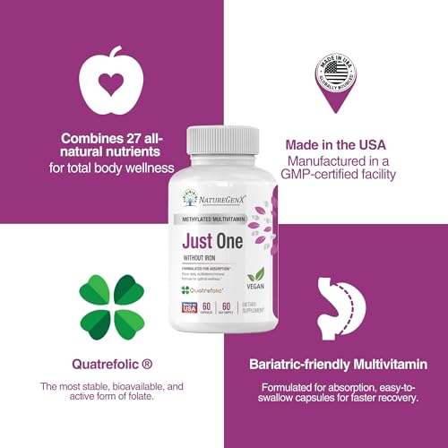 NatureGenX Just One Daily Methylated Multivitamin - 60 Caps, 2-Month Supply, Iron-Free, MTHFR Support, Gluten Free