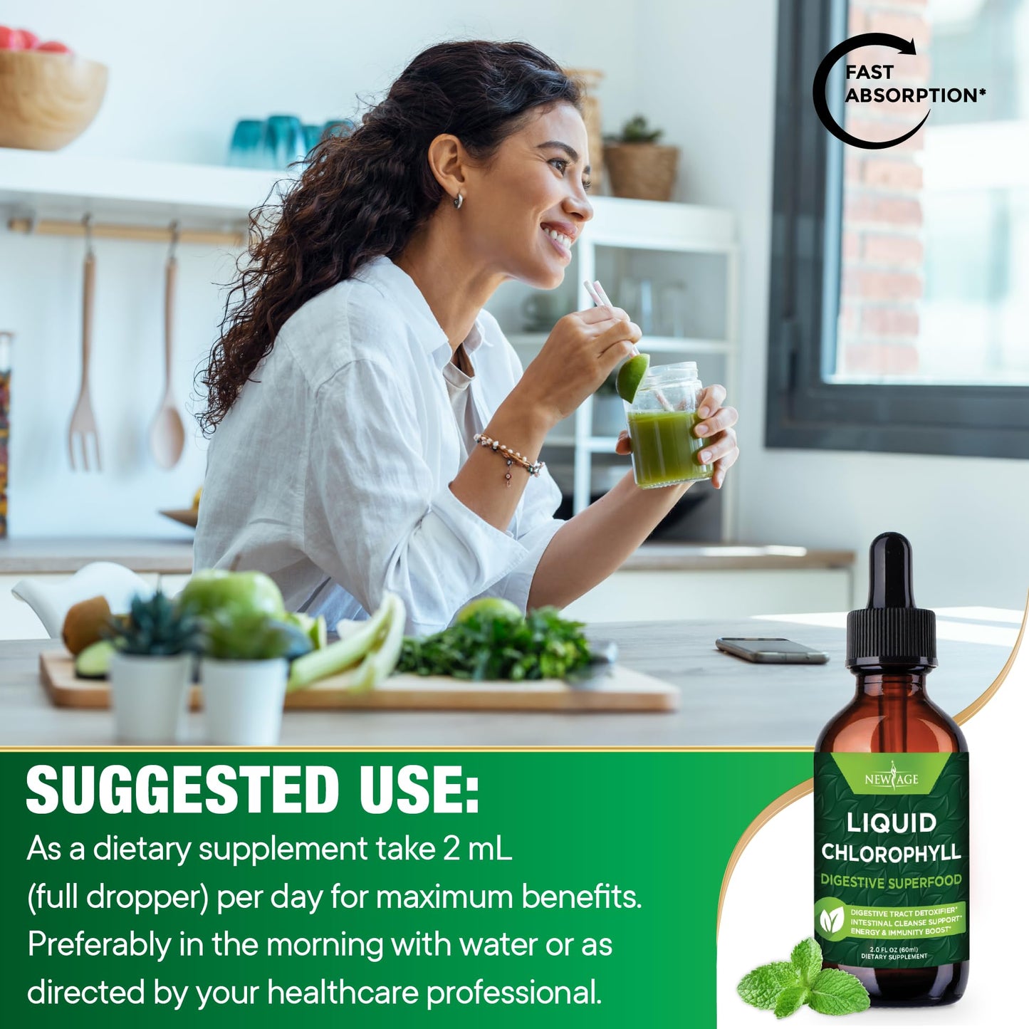 NEW AGE Chlorophyll Liquid Drops – Energy, Digestion & Immune Support (2 fl oz)