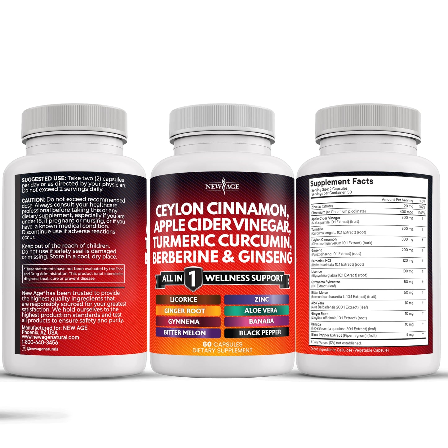 NEW AGE Ceylon Cinnamon Turmeric ACV Ginseng 14-in-1 Capsule – 180 Count
