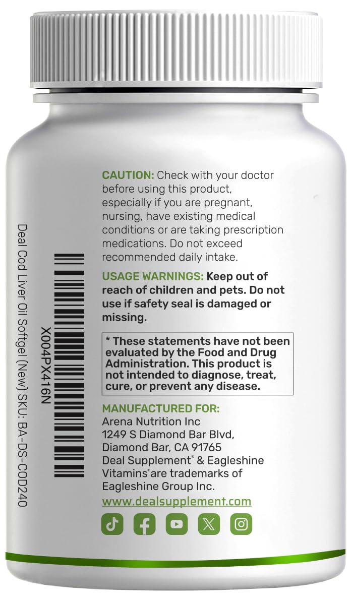 Wild Caught Cod Liver Oil 2,000mg | 240 Softgels | Burpless Lemon Flavor