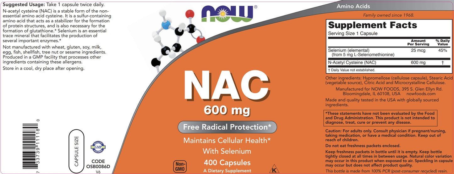 NOW NAC 600 mg, 400 Capsules (Pack of 2) – N-Acetyl Cysteine with Selenium