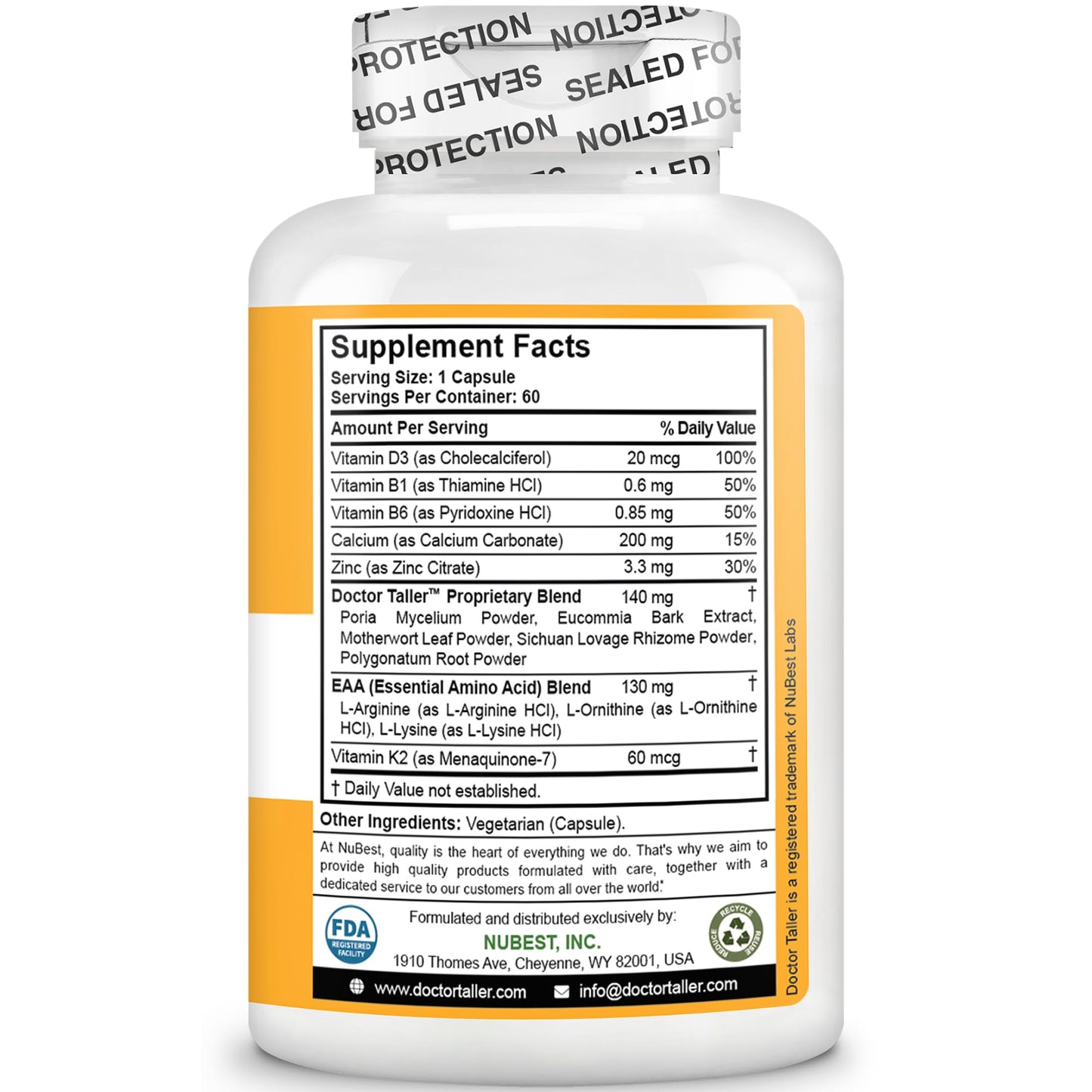 NuBest Doctor Taller Bone Strength Supports for Kids 8+ | Calcium, D3, K2, Amino Acids & Herbal Blend — 60 Vegan Capsules