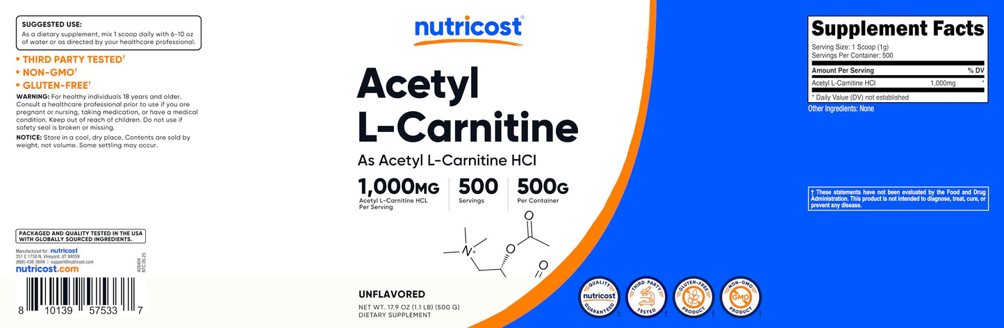 Nutricost Acetyl L-Carnitine (ALCAR) Powder 1000mg, 500g