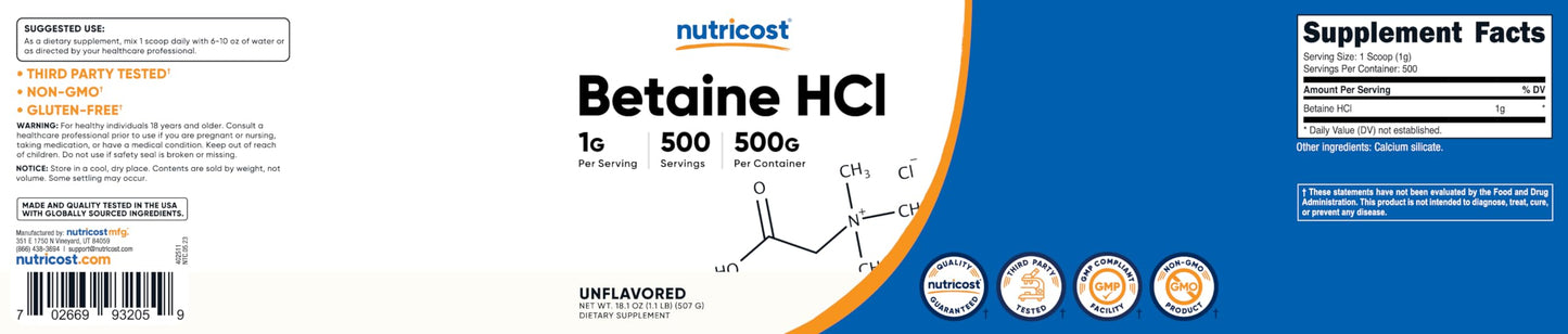 Nutricost Betaine HCl Powder 500 Grams - Gluten Free, Non-GMO