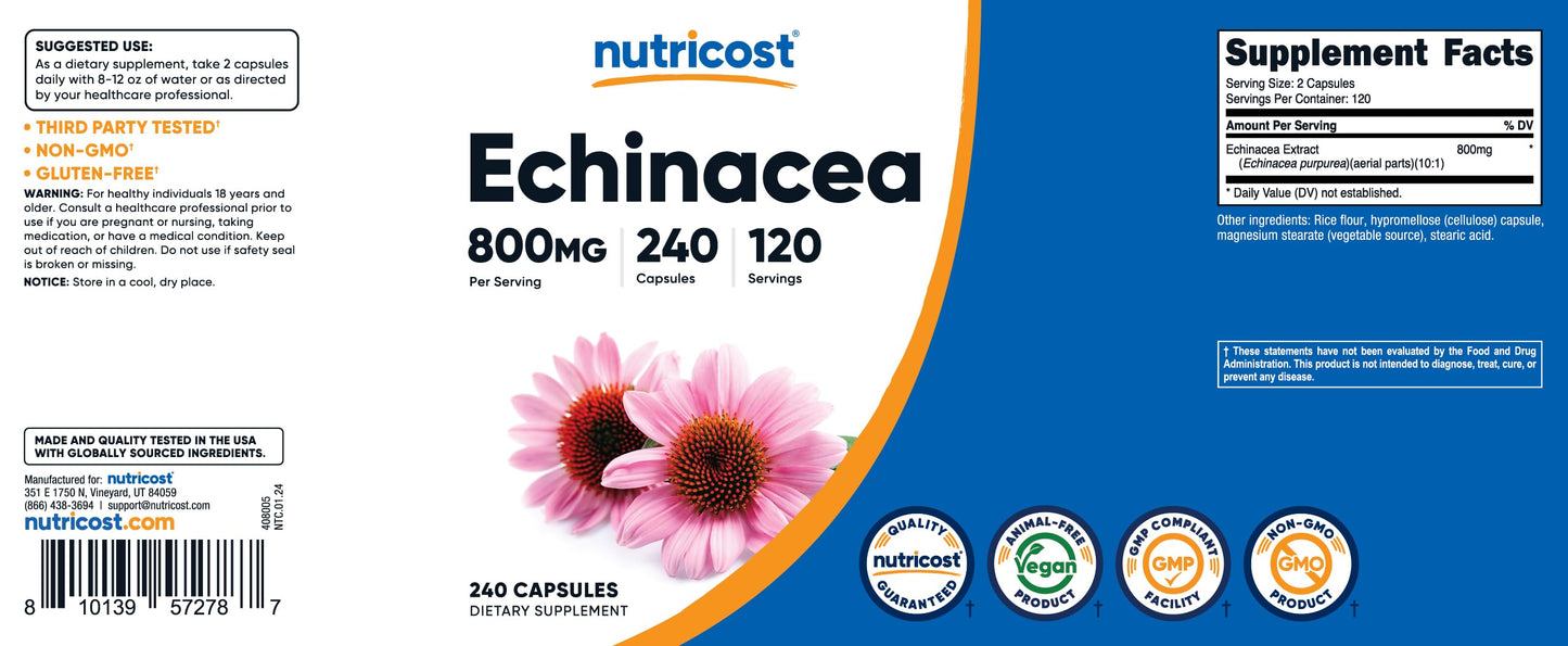 Nutricost Echinacea 800mg - 240 Vegetarian Capsules | Non-GMO, Gluten Free