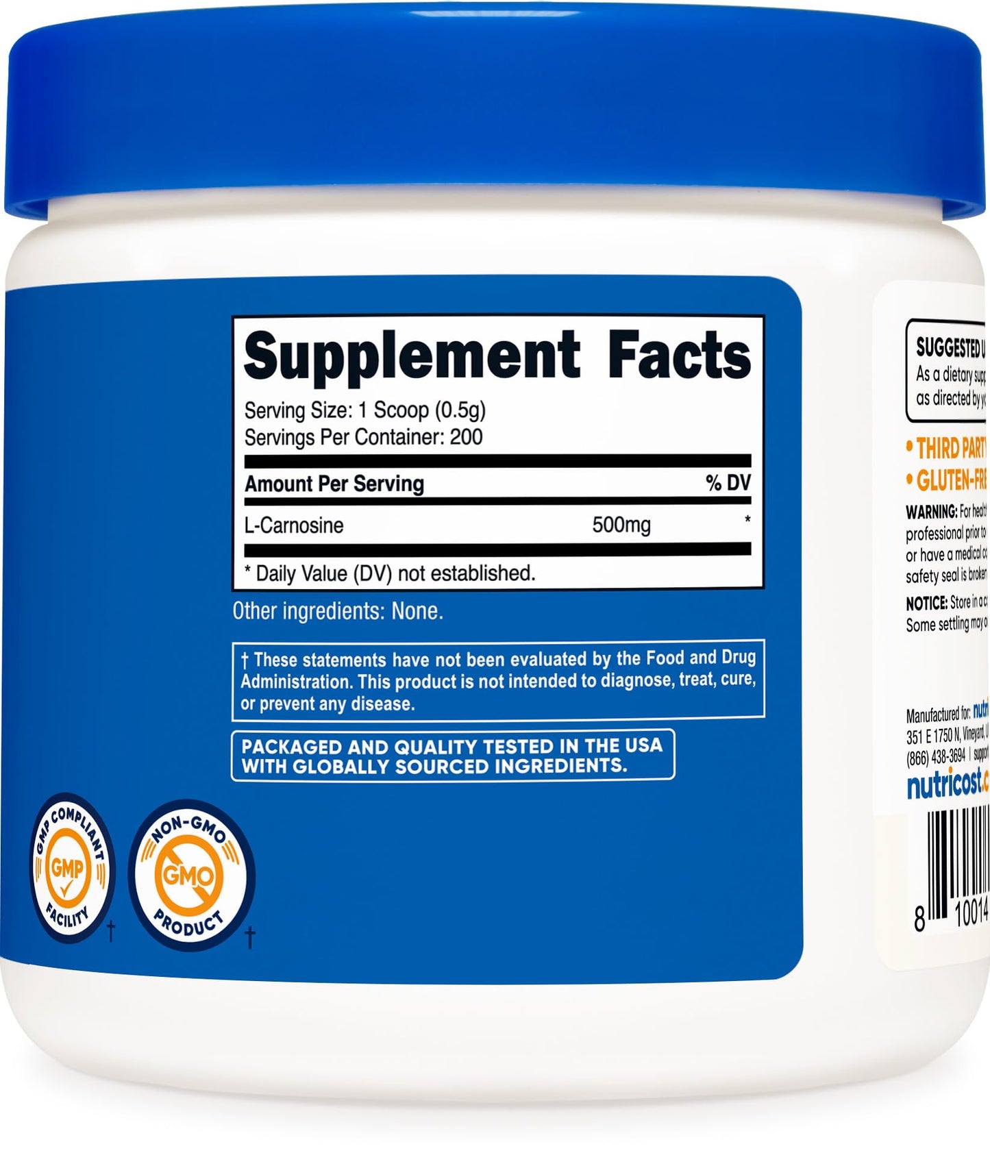 Nutricost L-Carnosine Powder 100 Grams (200 Servings) – Non-GMO, Gluten Free