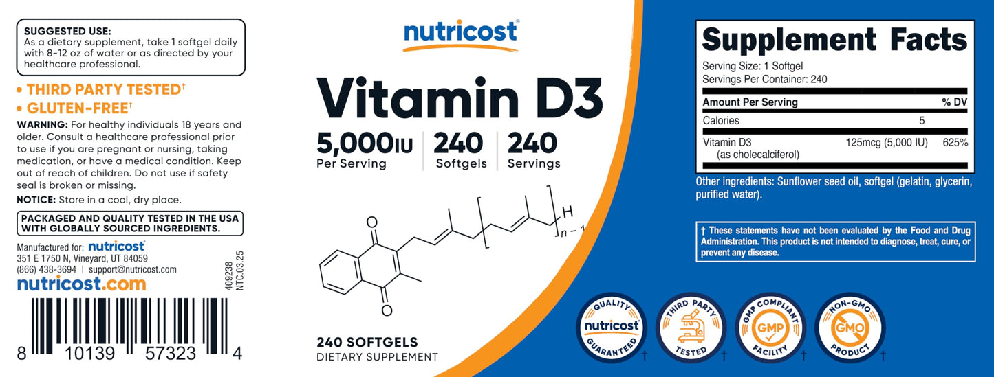 Nutricost Vitamin D3 5000 IU (125 mcg) - 240 Softgels | Non-GMO & Gluten Free