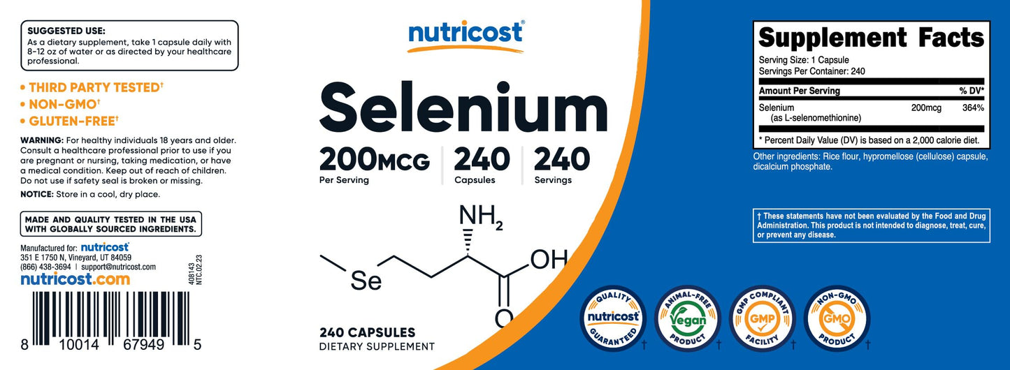 Nutricost Selenium 200mcg – 240 Vegetarian Capsules, Non-GMO, Gluten Free