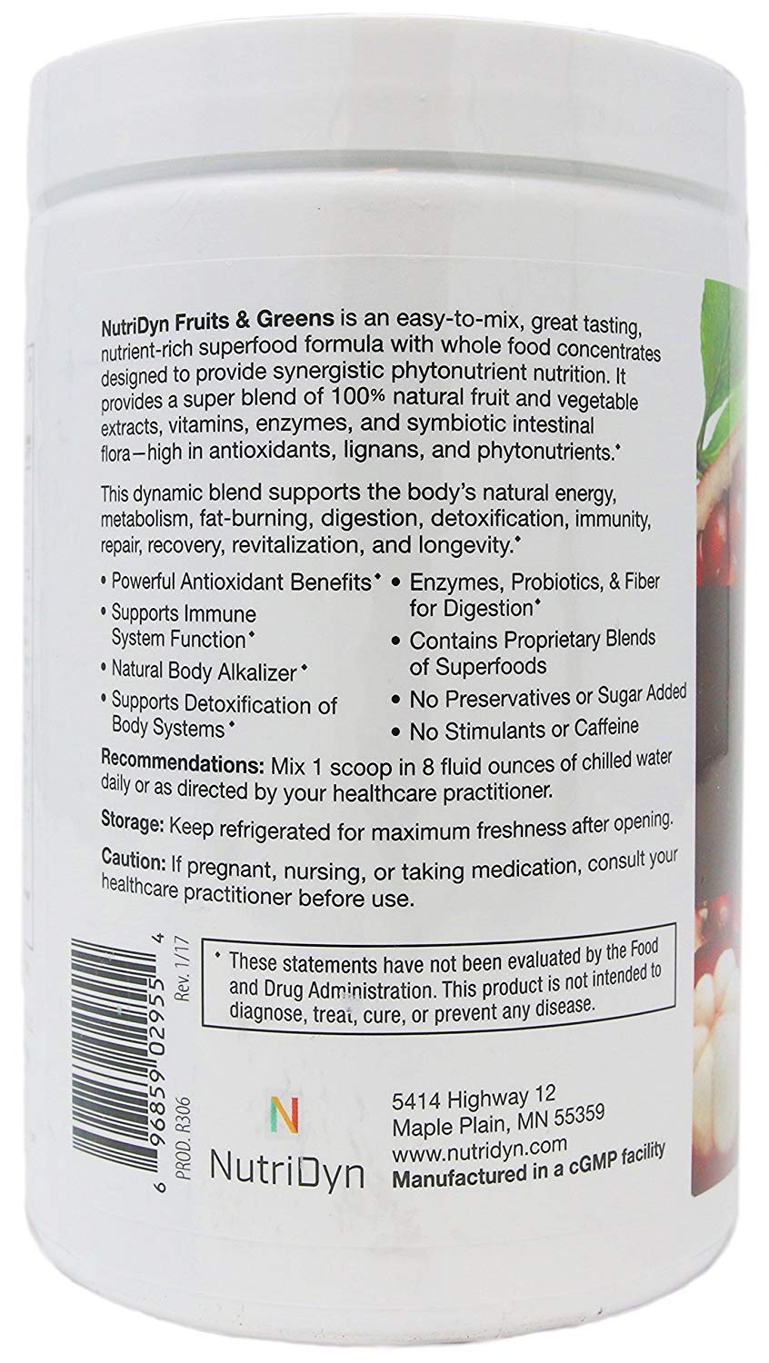 NutriDyn Fruits & Greens Strawberry/Kiwi – Certified Organic 300g with Acai, Goji, Mangosteen & Noni