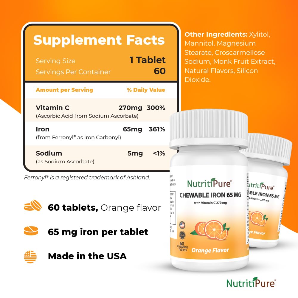 NutritiPure Chewable Iron 65 mg with Vitamin C 270 mg – Orange Flavor, 60 Count