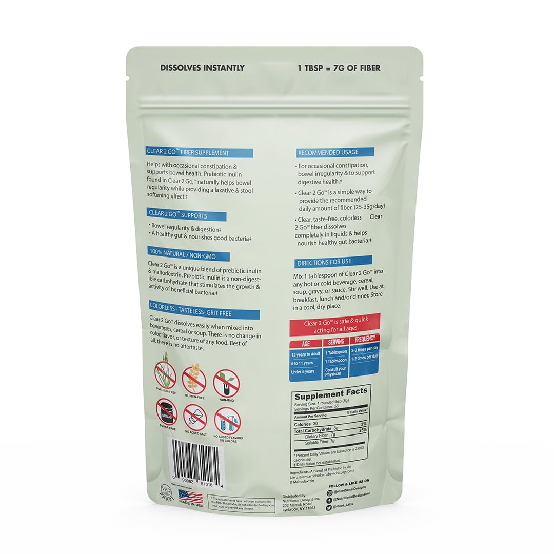Nutritional Designs Clear 2 Go Prebiotic Fiber Powder - Inulin, Gluten Free, 15.8 oz