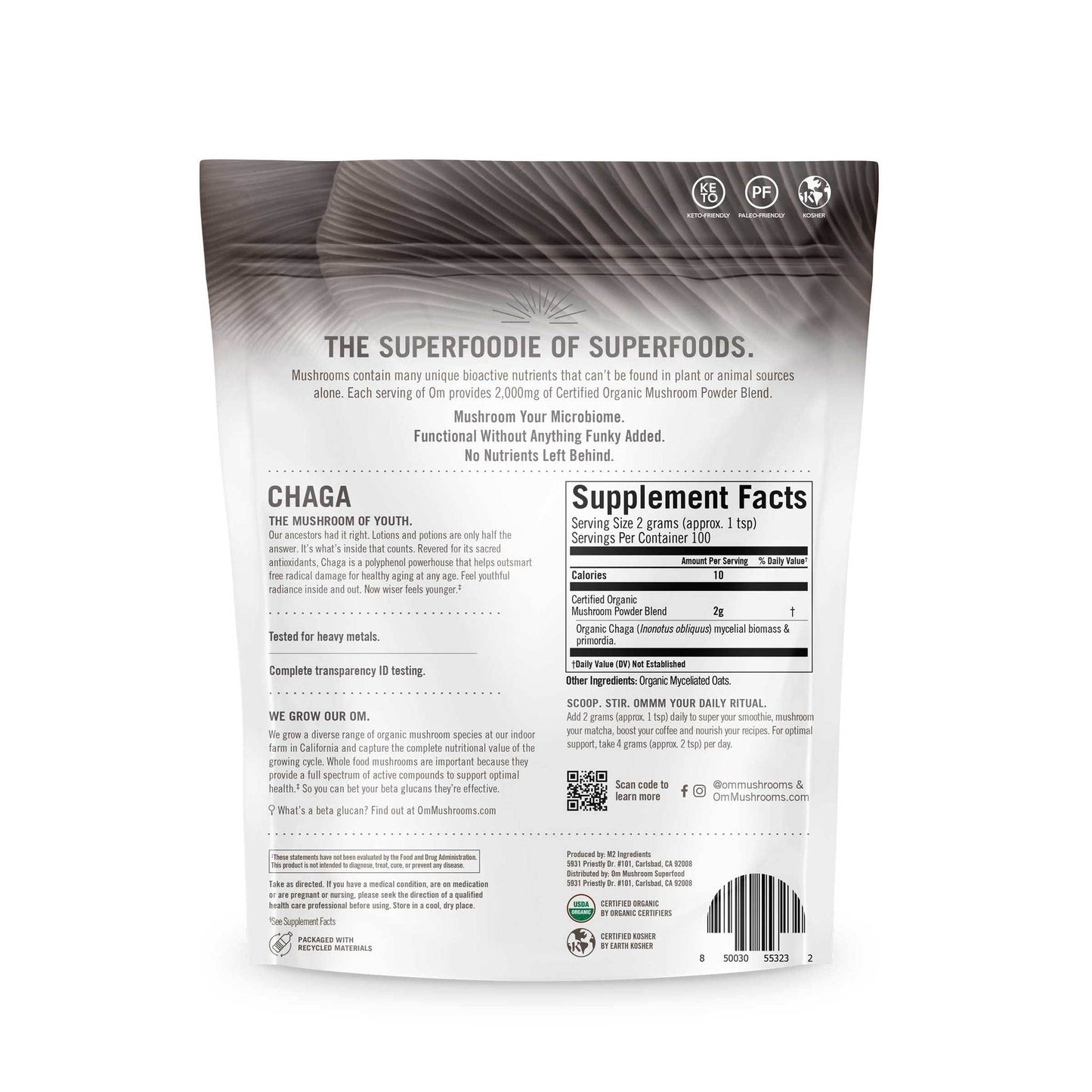 OM MUSHROOM SUPERFOOD Chaga Powder – 7.05 oz, 100 Servings, Organic