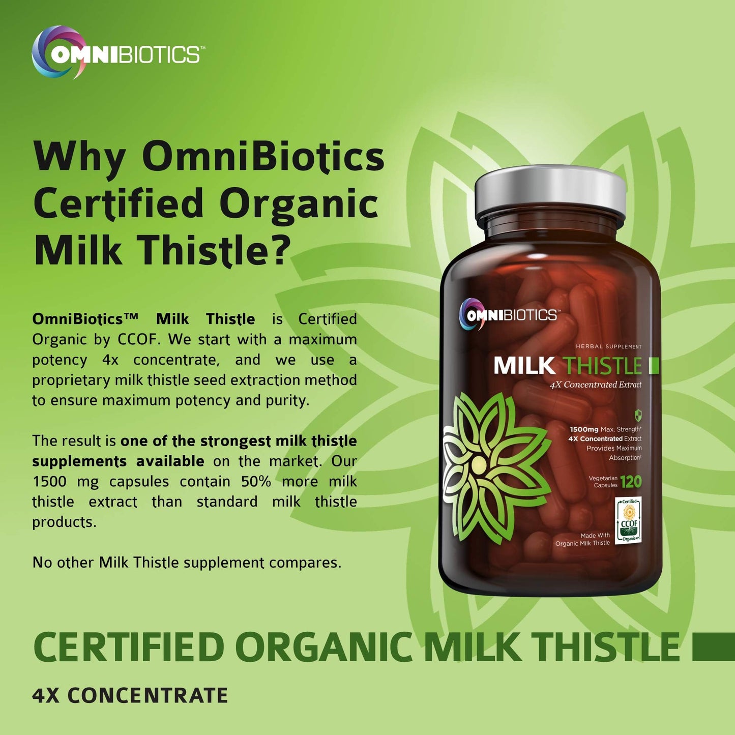 OmniBiotics Organic Milk Thistle 1500mg | 4X Concentrated Extract | 120 Vegan Capsules
