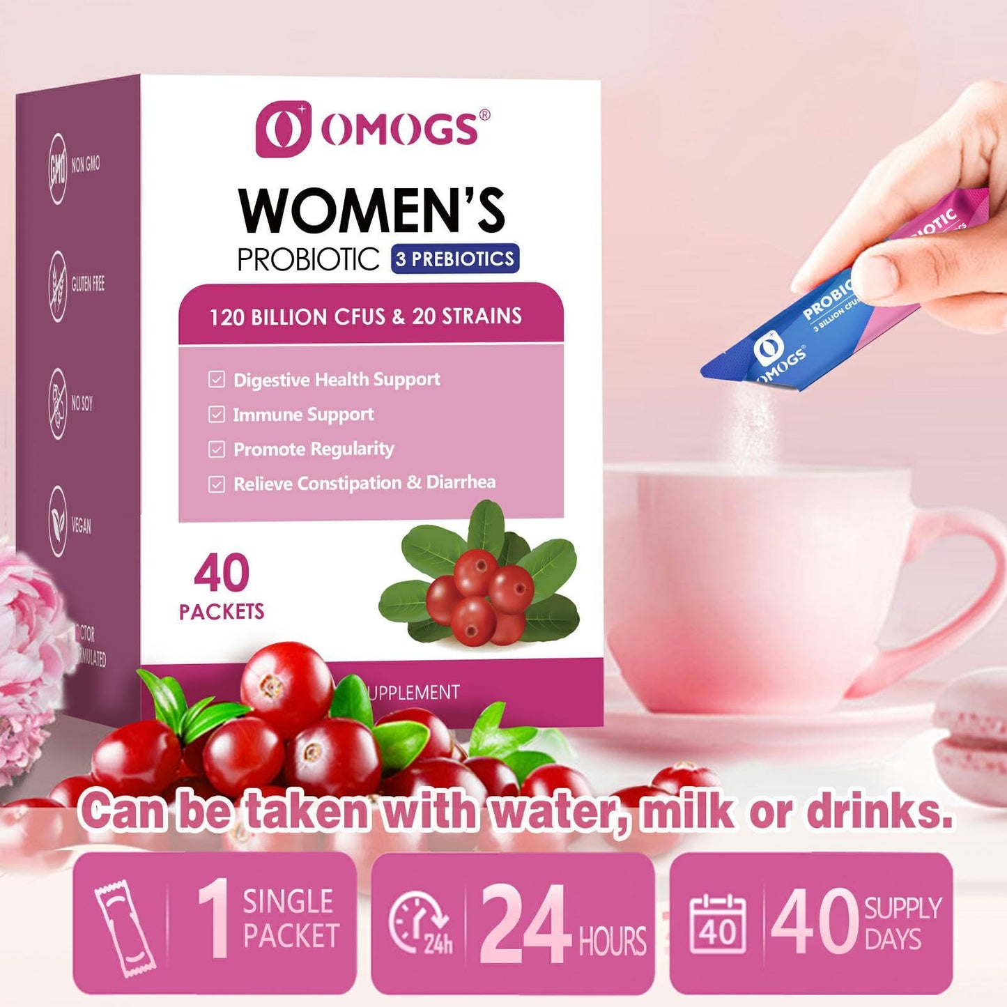OMOGS Women's Probiotic – 120 Billion CFUs, 18 Strains, 3 Prebiotics & Cranberry Extract for Immune, Digestive, Gut and Vaginal Health