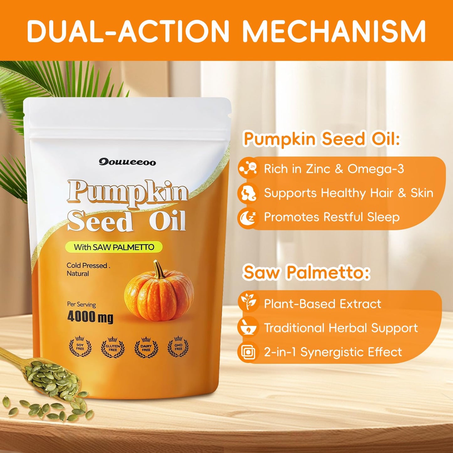 OOUUEEOO Pumpkin Seed Oil 4000mg Softgels + Saw Palmetto - 300 Softgels