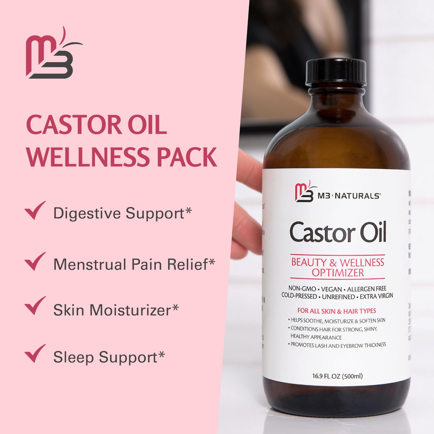Pure Castor Oil Pack Kit, Large – Hexane-Free Cold-Pressed Castor Oil in Glass Bottle with Adjustable Reusable Organic Cotton Wrap | M3 Naturals