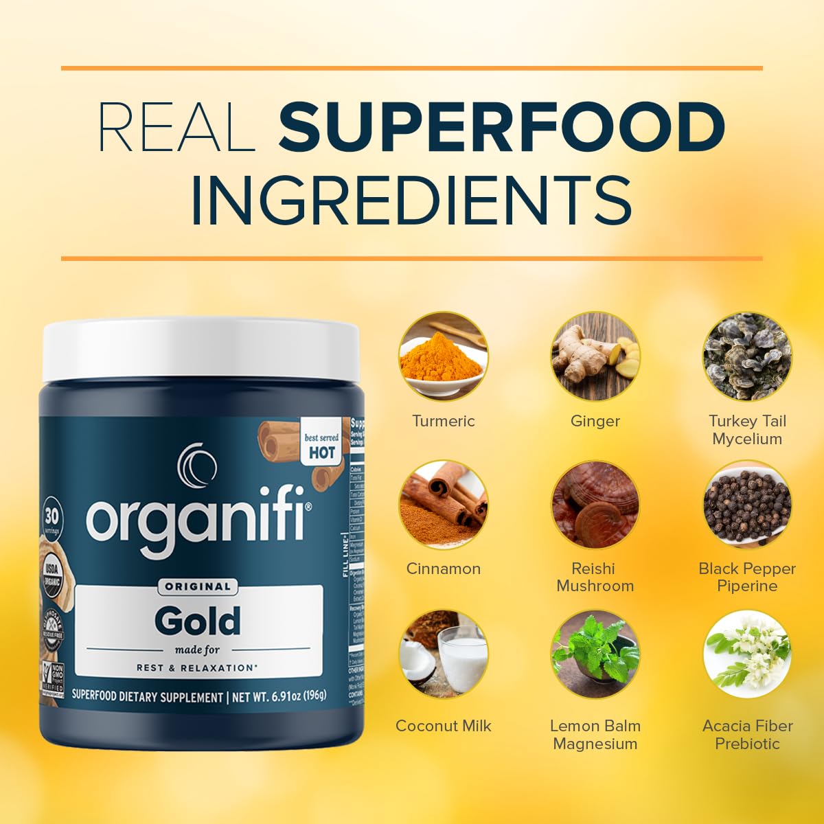 Organifi Gold — Nighttime Relaxation Powder with Turmeric & Reishi, 30 Servings