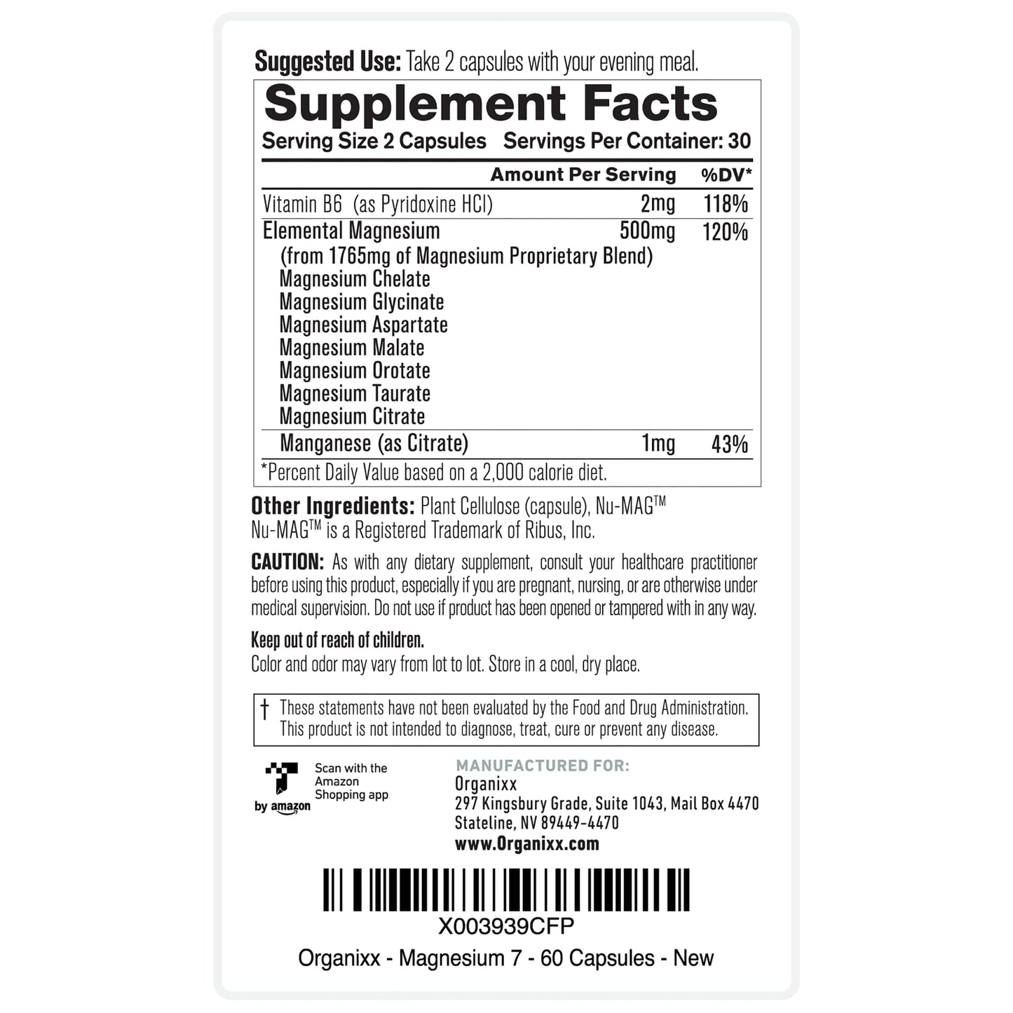 Organixx Magnesium Glycinate Supplement – 7-Type Magnesium Complex with Vitamin B6 & Manganese Citrate, Gluten Free, Non-GMO, 120 Capsules (2-Pack)