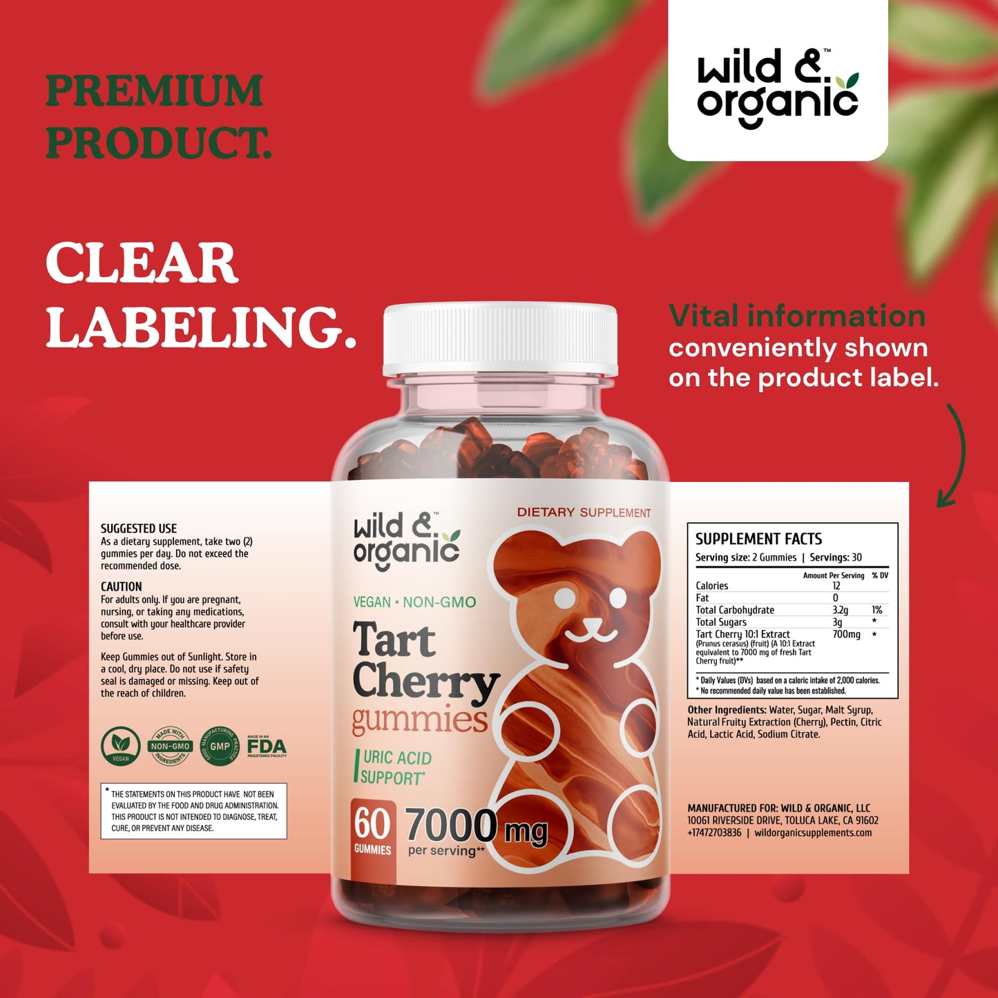 Wild & Organic Tart Cherry Gummies 7000 mg - Tart Cherry Extract for Uric Level Support - 60 Vegan, Non-GMO Chews (Pack of 2)