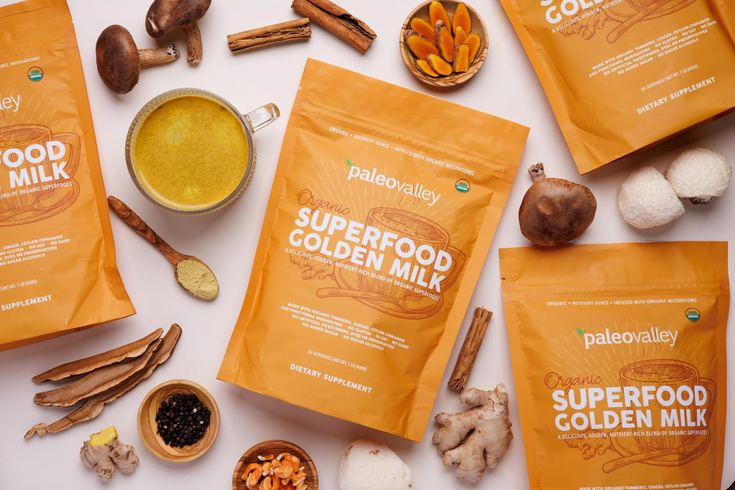 Paleovalley Organic Superfood Golden Milk — Turmeric, Whole Mushroom Blend & MCT Coconut Milk, 30 Servings