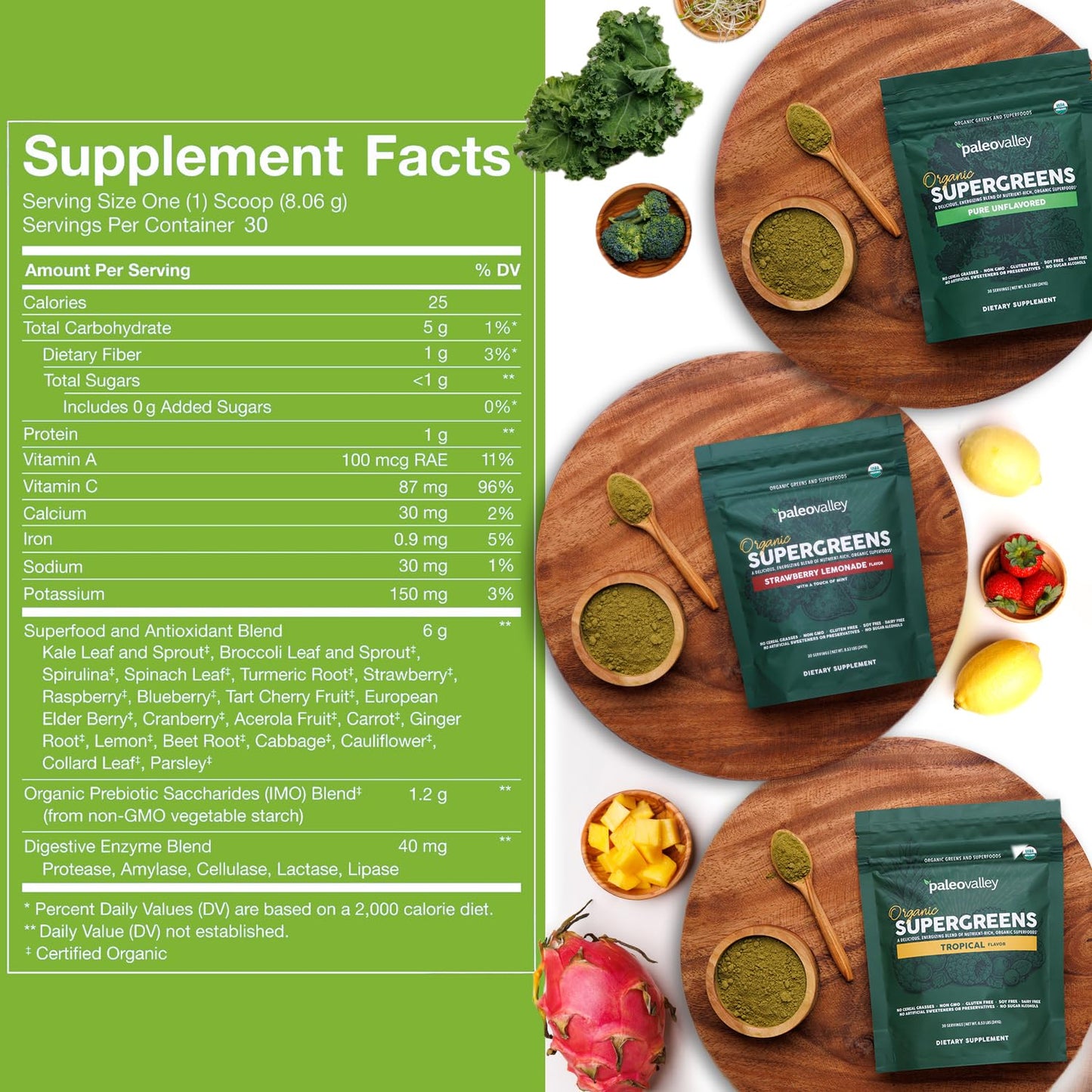 Paleovalley Organic Supergreens Powder - 23 Superfoods, No Cereal Grasses, 30 Servings