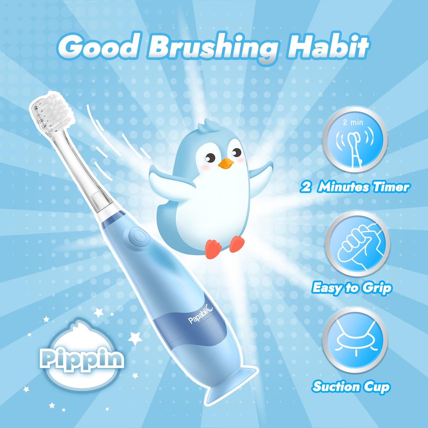 Papablic Pippin Toddler Sonic Electric Toothbrush for Ages 1-3 | Penguin Cover, LED Timer