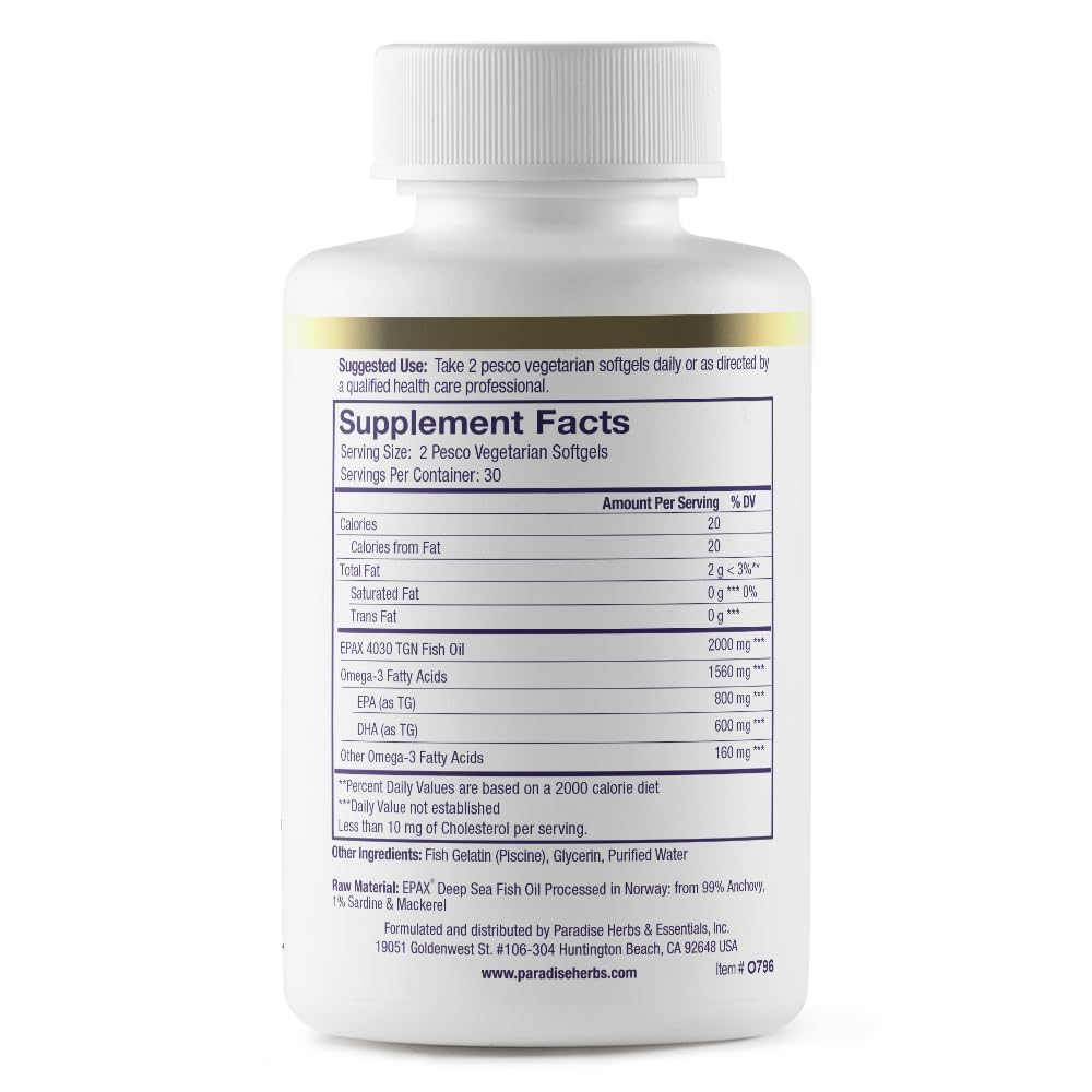 Paradise Herbs Omega-Sure Omega-3 Concentrate | Vegan Fish Oil, DHA & EPA, Gluten Free, 60 Softgels (Pack of 2)