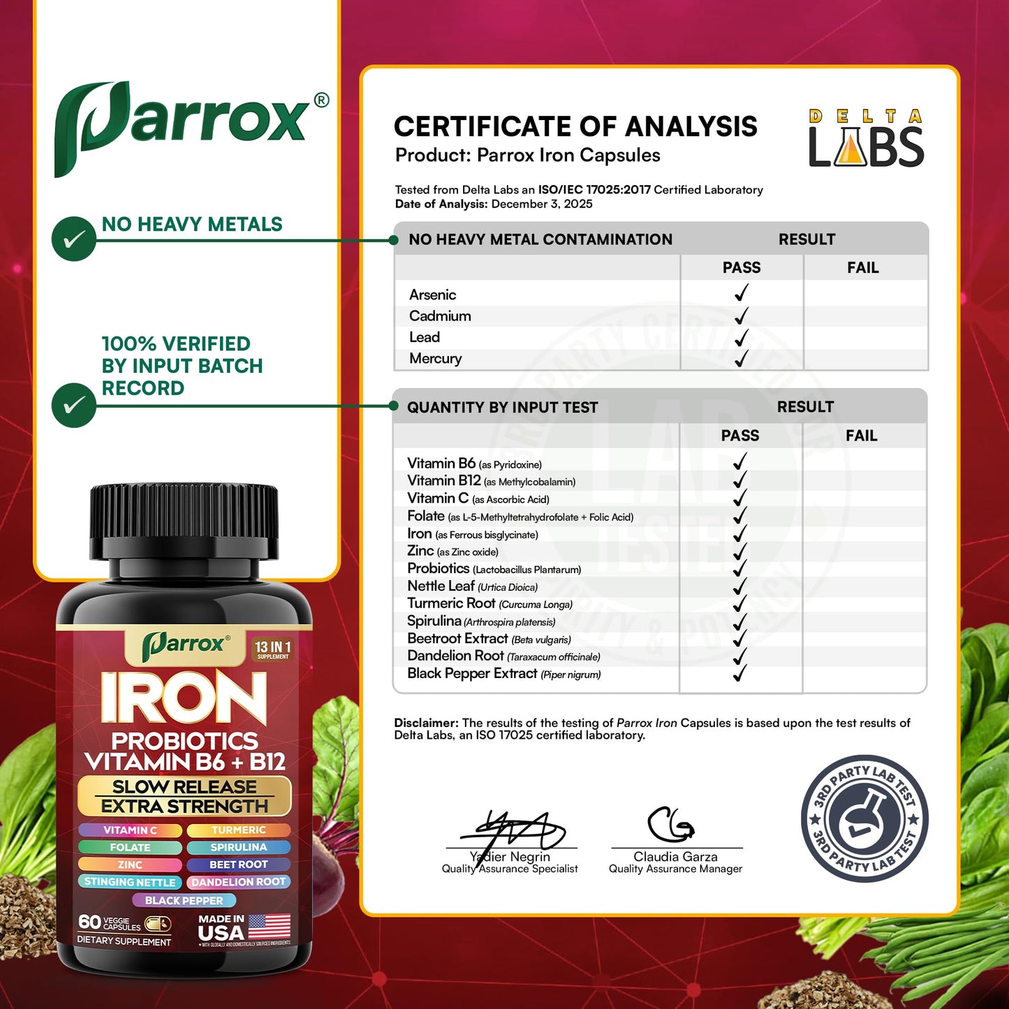 Parrox Elemental Iron 13-in-1 – Slow-Release Iron, Probiotics, B Vitamins, Beetroot & Turmeric (3-Pack, 60 Capsules)