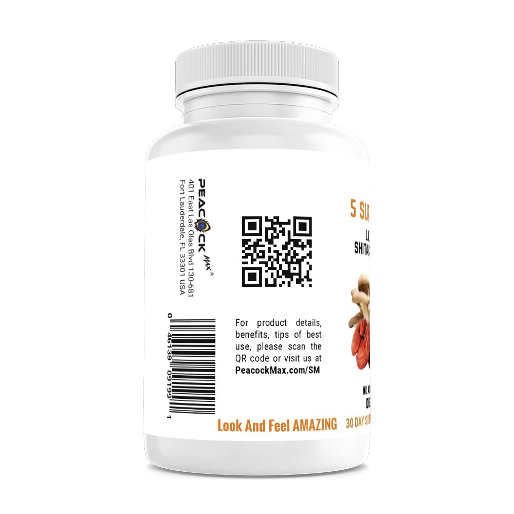 Peacock Max 5 Mushrooms - 180 Count | Lion's Mane, Reishi, Shiitake, Cordyceps & Oyster