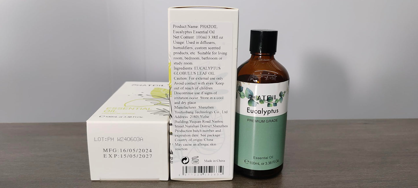 PHATOIL 100ML Eucalyptus Essential Oil | Diffuser, Soap & Candle Making – 3.38 fl oz