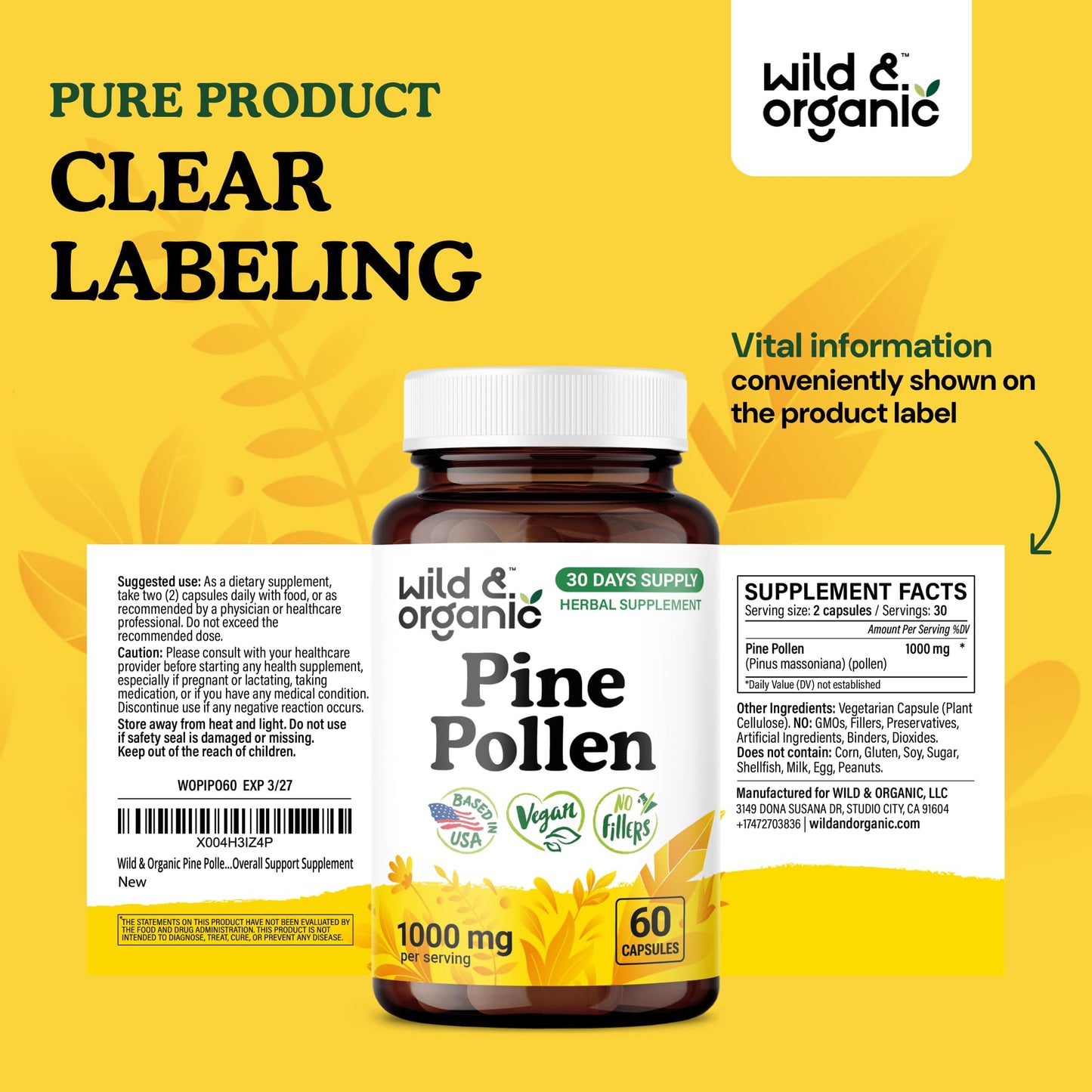 Wild & Organic Pine Pollen for Men Capsules 1000 mg - 60 Count | Vegan, Non-GMO