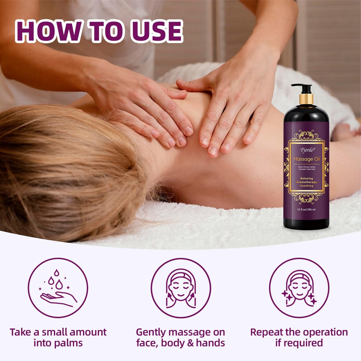 Pjordo Aromatherapy Lavender Massage Oil – 10 fl oz, Spa-Quality with Grape Seed, Sweet Almond & Jojoba