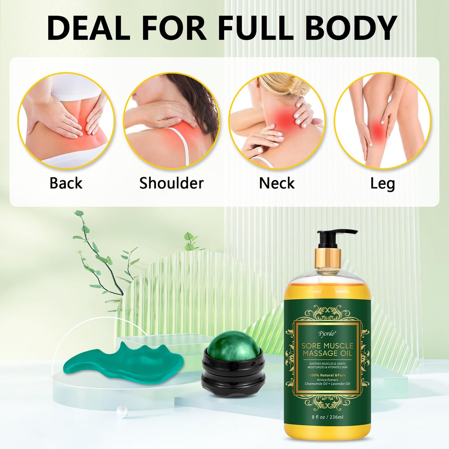 Pjordo Sore Muscle Massage Oil with Roller Ball and Thumb Saver – Arnica Lavender 8 oz