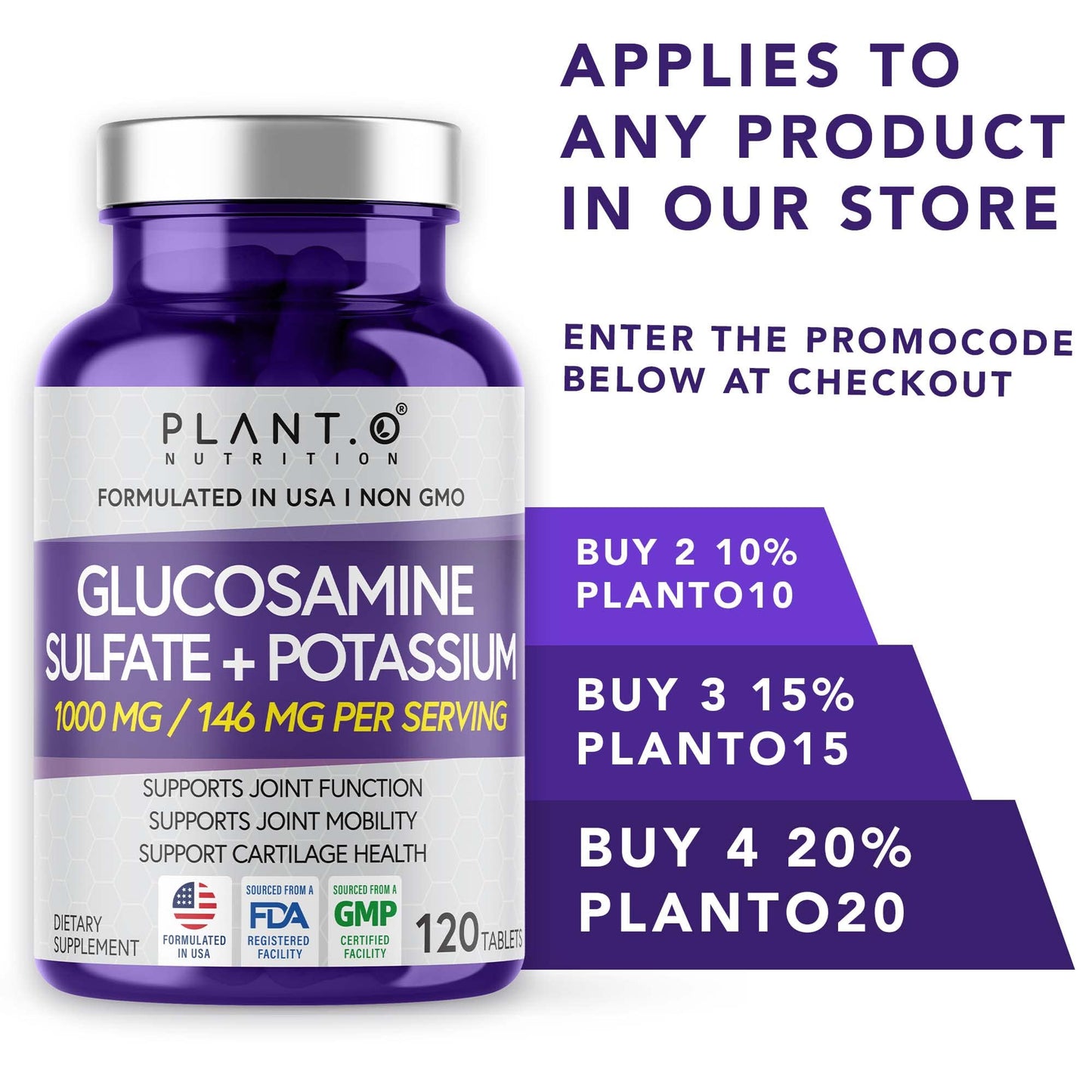 PLANT.O NUTRITION Glucosamine Sulfate with Potassium – Joint Support Supplement (120 Tablets)