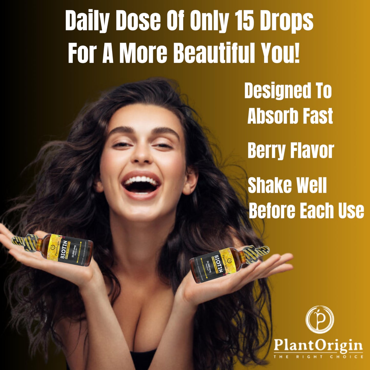 PlantOrigin Extra Strength Biotin Liquid - Hair Growth Drops 15,000 MCG | Vegan & Kosher, 60 Servings