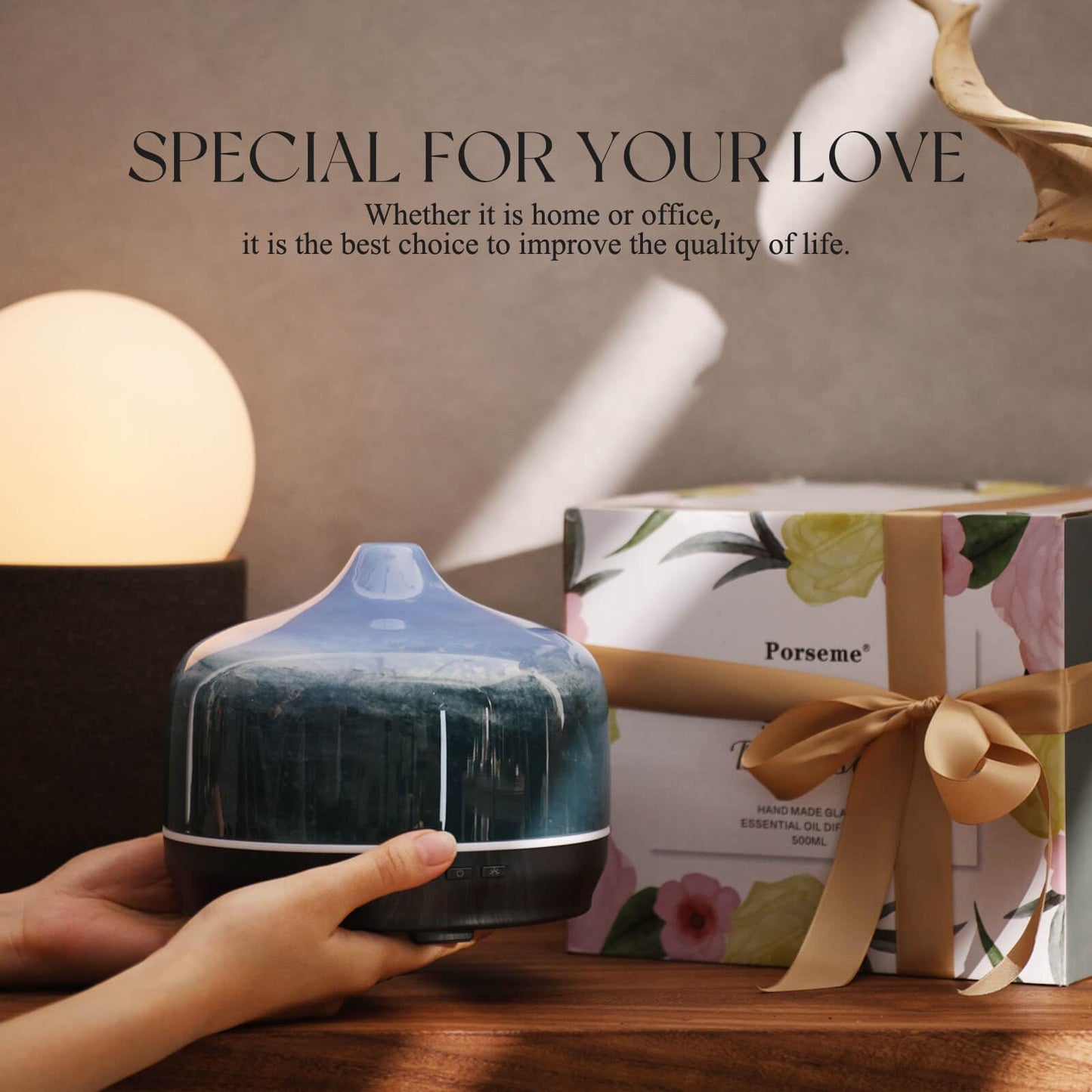 Porseme 500ml Glass Essential Oil Diffuser – Dreamy Blue | Ultrasonic Humidifier 15-21h