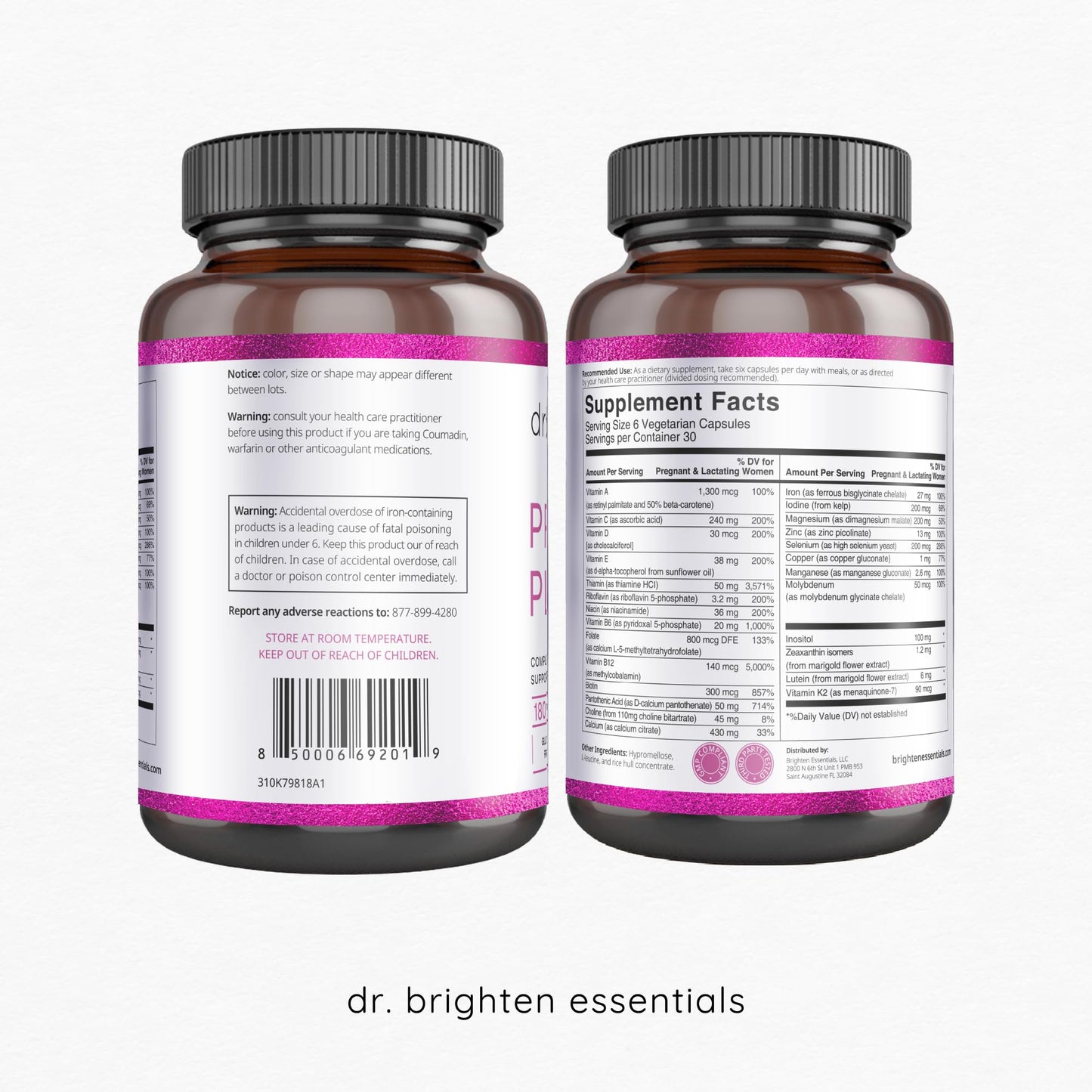 Dr. Brighten Prenatal Plus - Women's Formulation, Active B Vitamins, Minerals, Antioxidants for Pregnant or Nursing Mothers, Non-GMO Vegan, No Gluten, No Soy - 180 Capsules