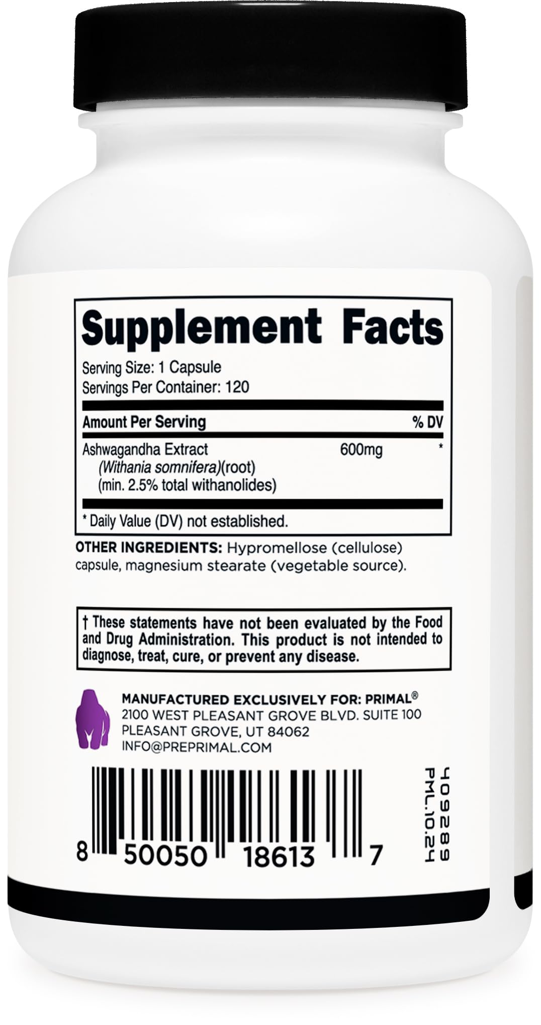 Primal Ashwagandha Root Extract 120 Capsules | 600mg per Serving | Gluten-Free & Non-GMO