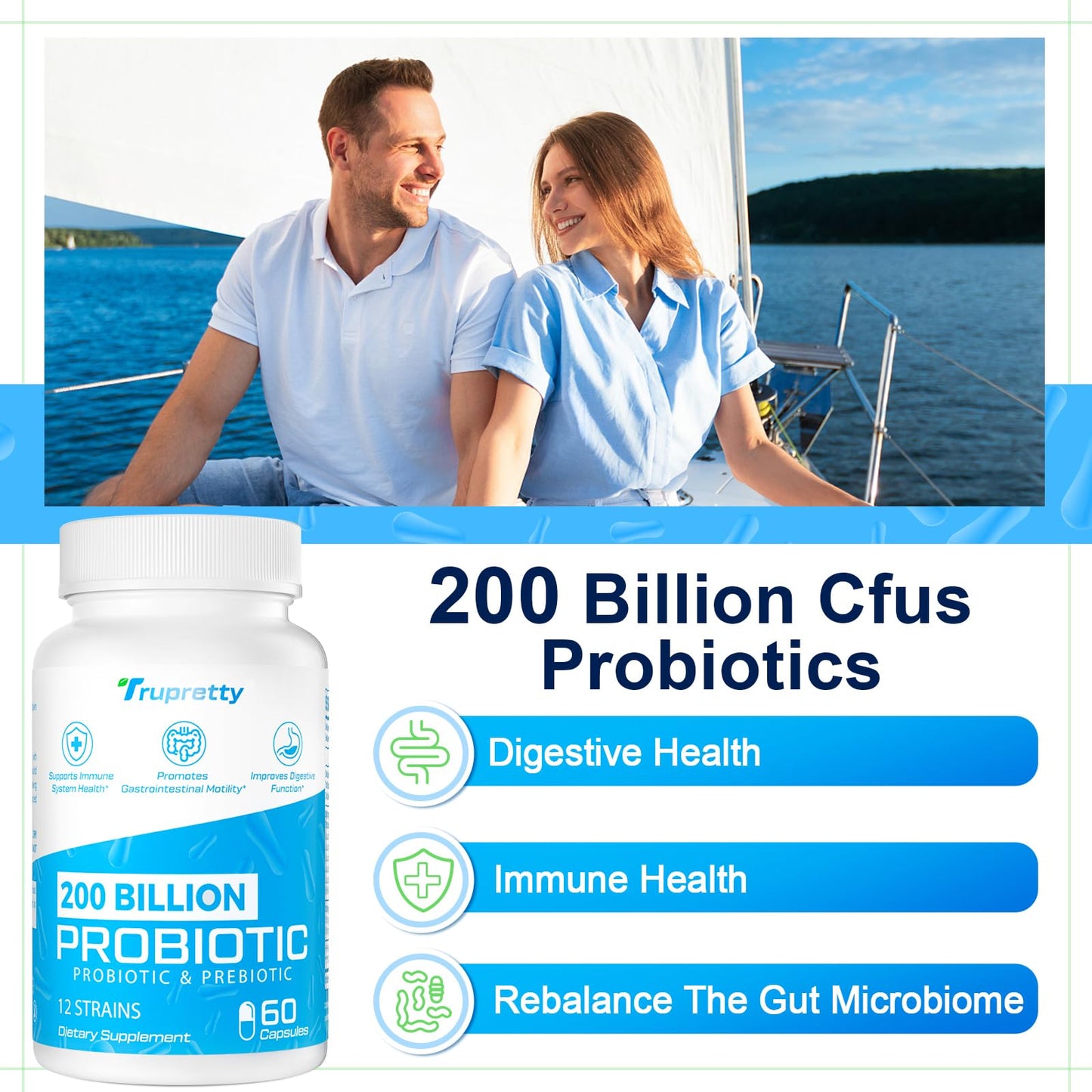 Probiotics for Women & Men | 200 Billion CFUs, 12 Strains | Daily Probiotic with 3 Prebiotics | Shelf-Stable & Vegan, 60 Caps