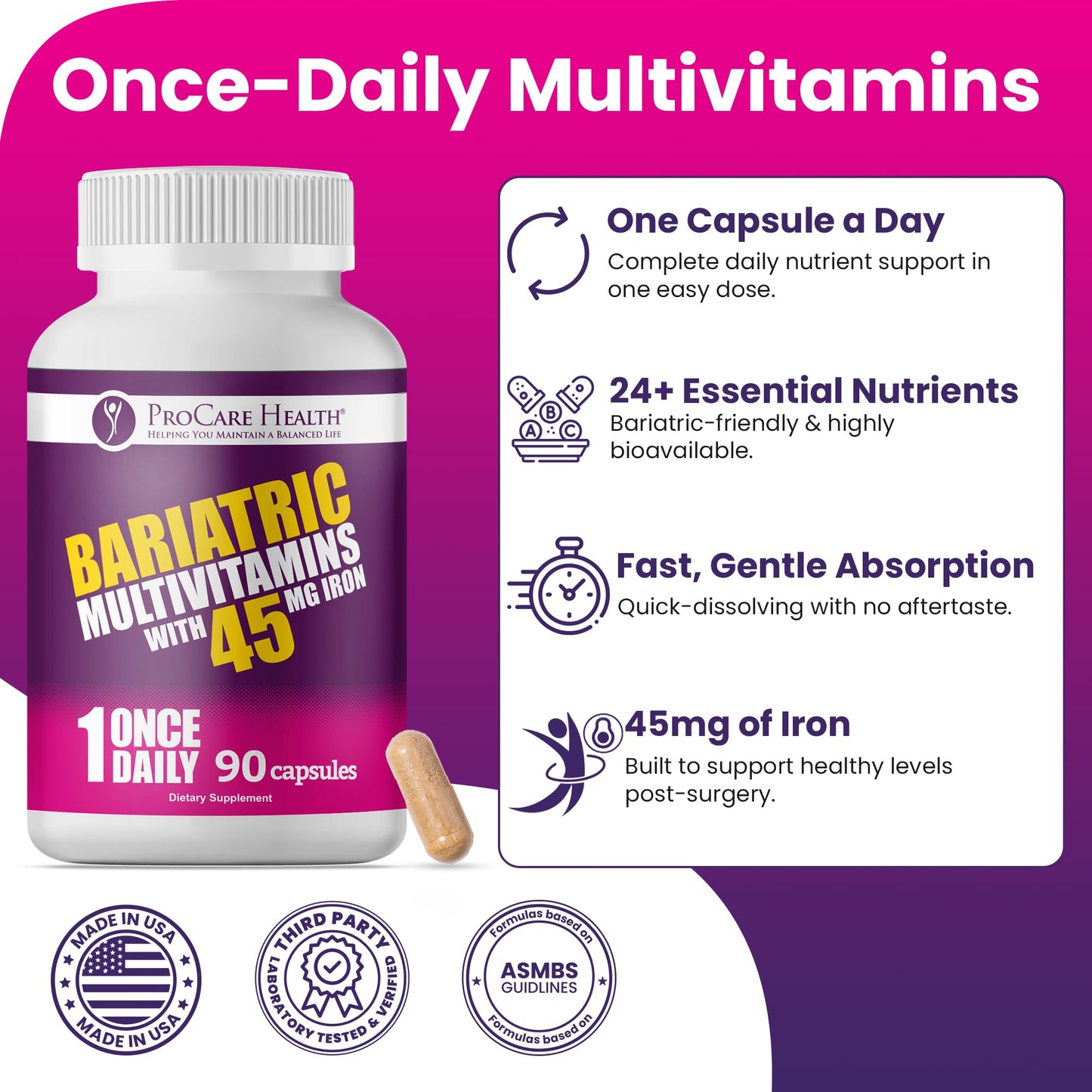 ProCare Health Bariatric Multivitamin 45mg Iron – Once Daily Capsule for Post-Op Support | 90 Capsules, 3-Month Supply