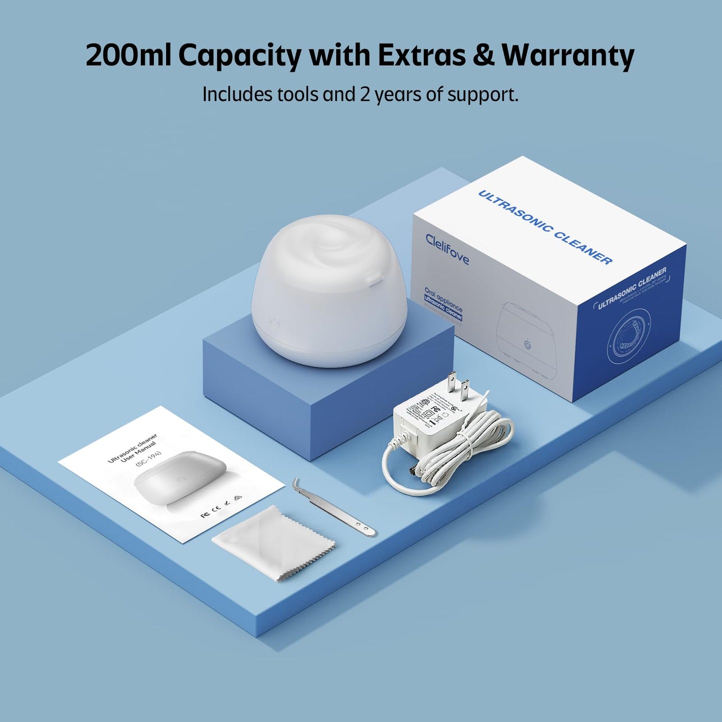 Ultrasonic Retainer Cleaner 48kHz – 200ml Blue Cleaning Pod for Aligners, Dentures & Trays